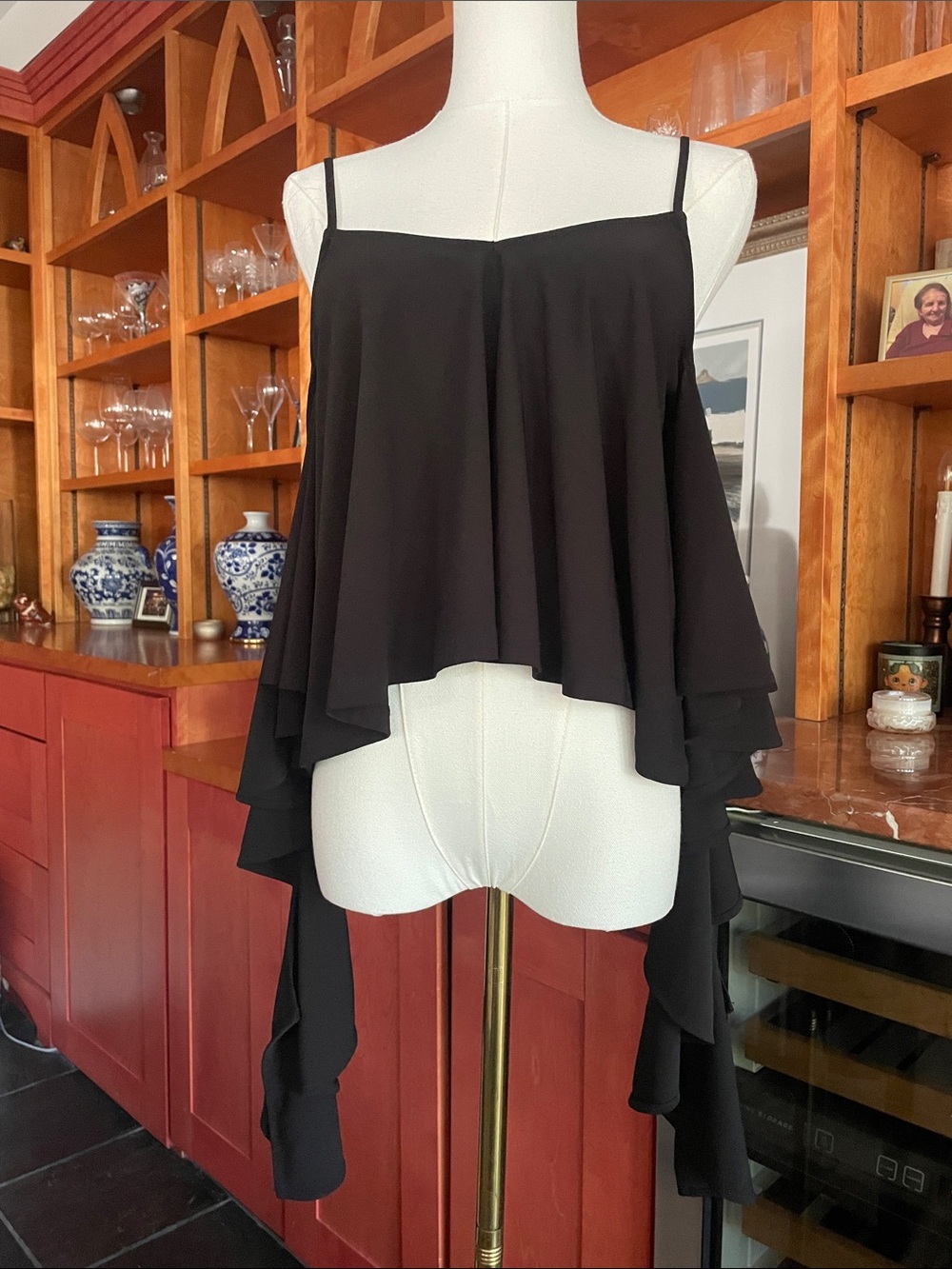 Leith Cold Shoulder Ruffle Sleeve Black Tiered Asymmetric Shirt Blouse XS
